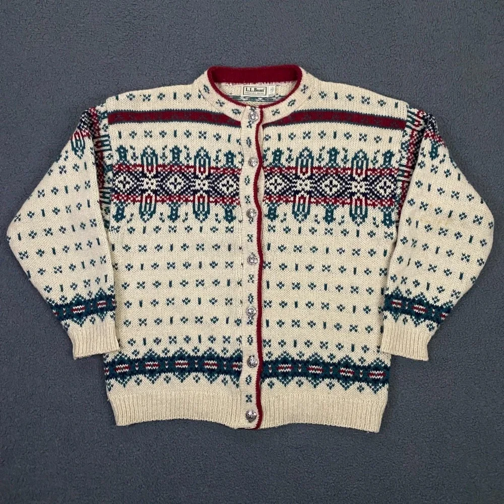 Vintage LL Bean Sweater Womens Large Fair Isle Nordic Cardigan Wool USA Made - Picture 2 of 12